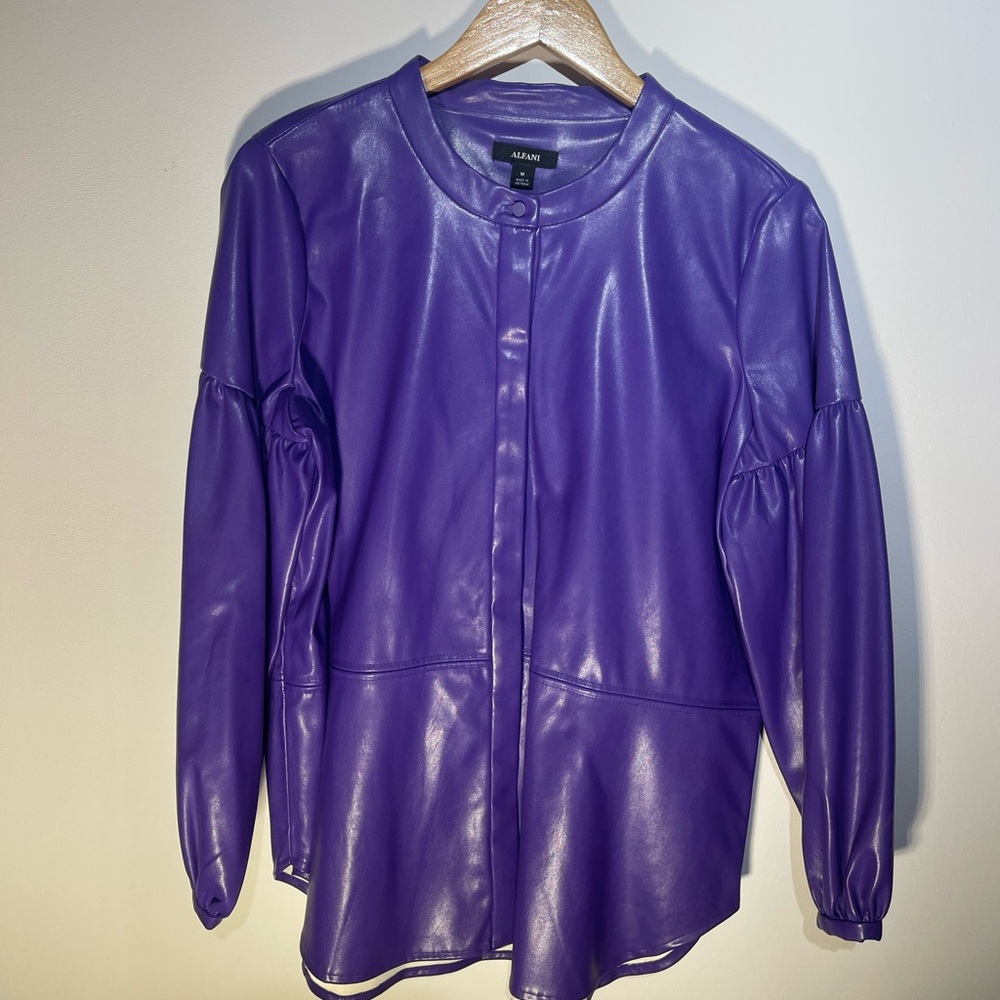 Alfani purple faux leather top. Button down front w/ balloon sleeves. Size M